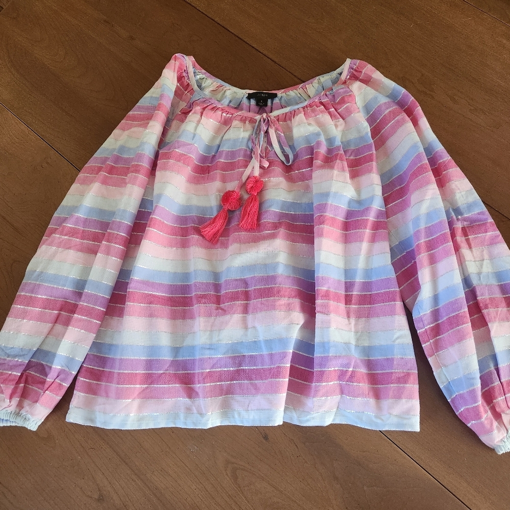 J. Crew Rainbow Shimmer Stripe Tie Neck Peasant Top Blouse Small